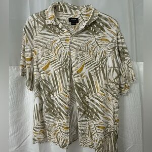 Pull&Bear Short Sleeve Tropical Print Shirt - White, Olive, Gold